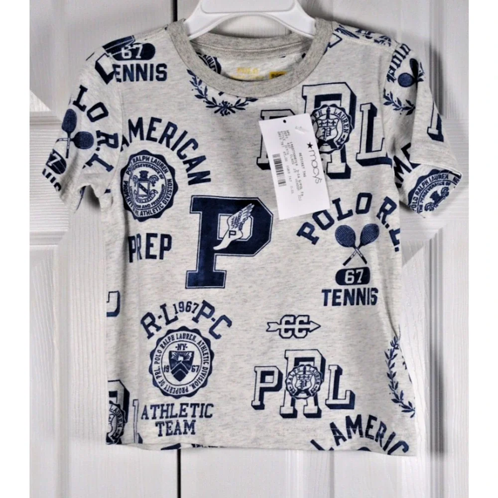 Polo Ralph Lauren Boys Size 2 T-Shirt Gray Multi Graphic Crest Tennis Tee NWOT